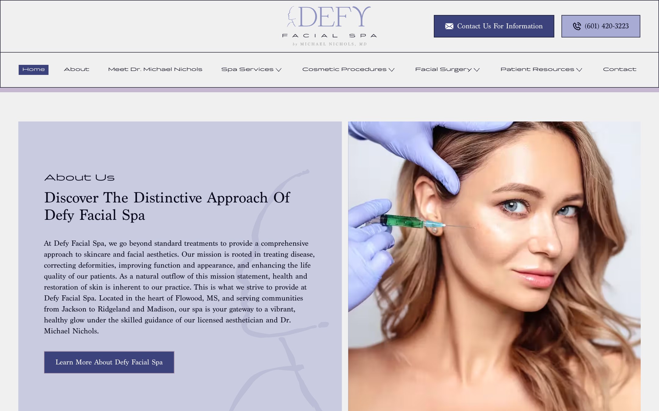 Defy Facial Spa practice introduction section — brand story copy beside treatment photography with a single Learn more action