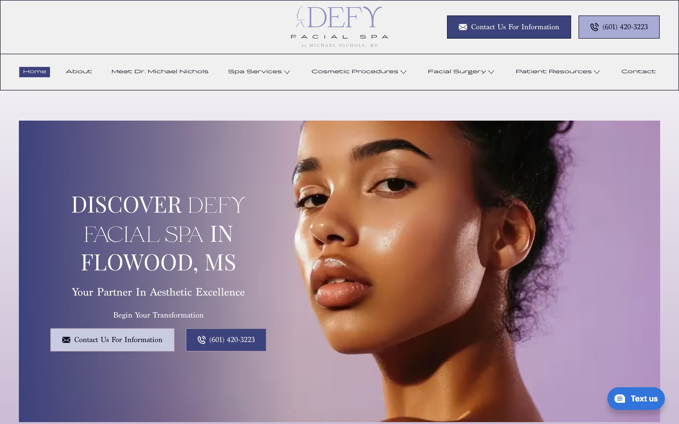 Defy Facial Spa homepage built by Devdwell — a booking-first Webflow layout with contact and phone actions in the header and repeated inside the hero