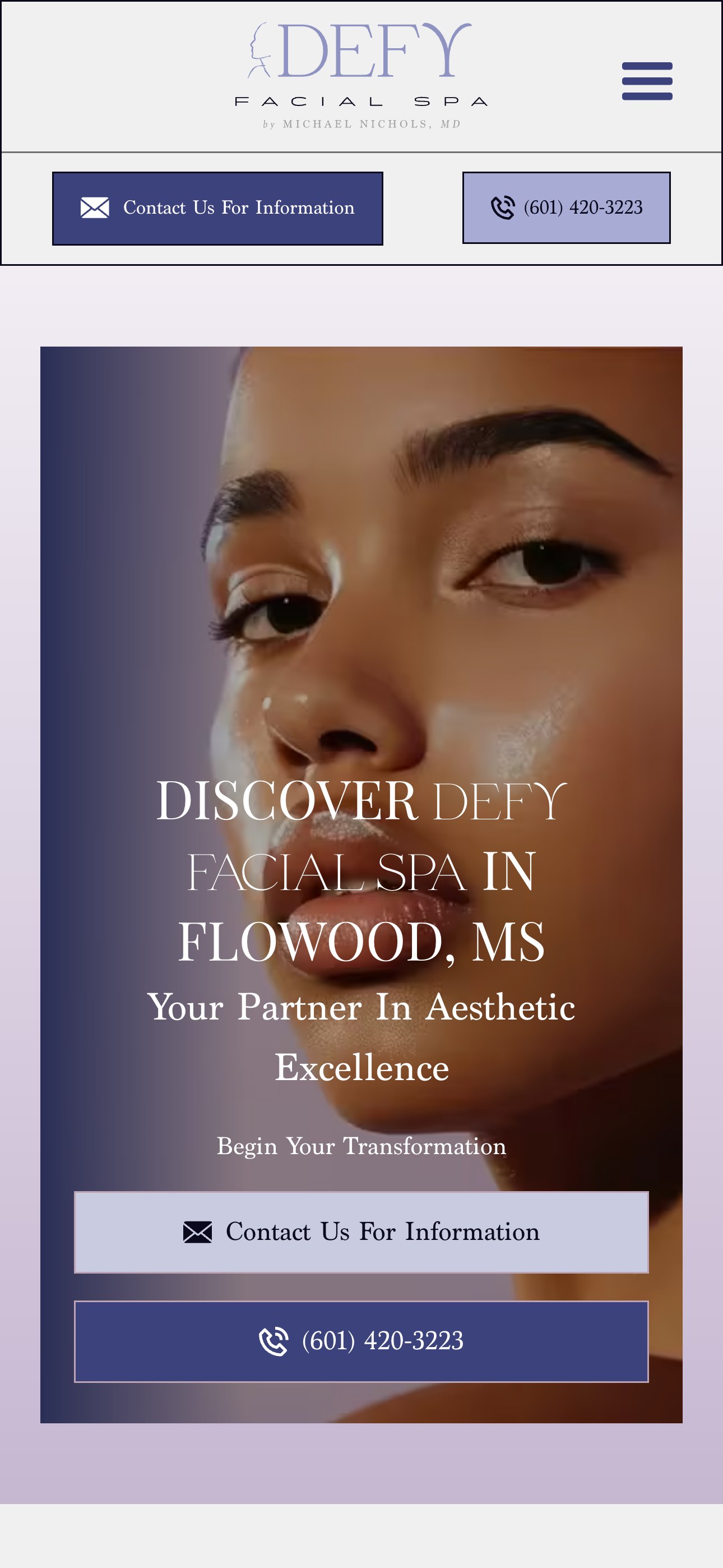 Defy Facial Spa on a phone — the hero collapses to one column with both booking actions stacked full width above the fold