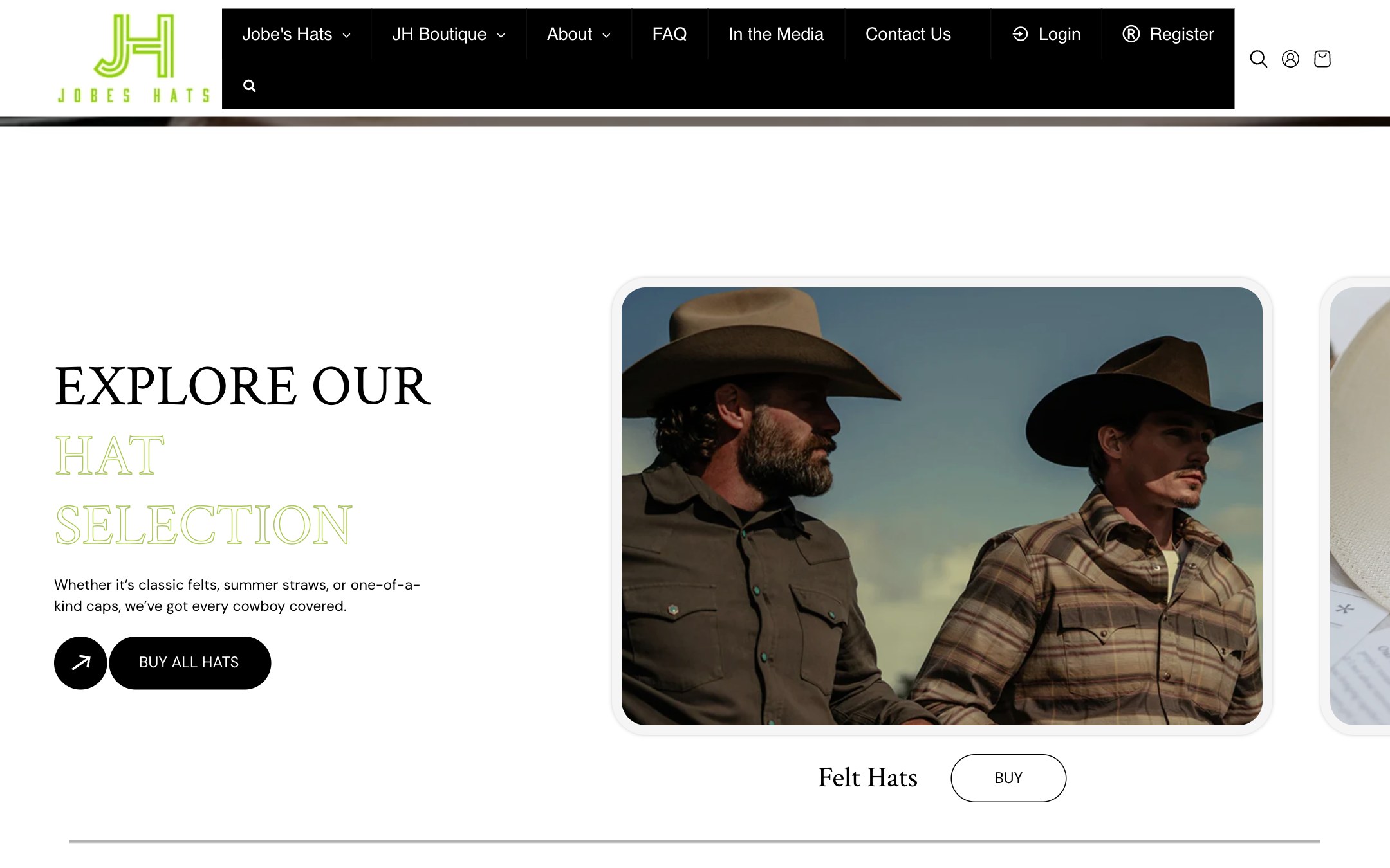 Jobe's Hats collection row — an Explore our hat selection carousel of felt, straw and cap categories, each card with its own buy action