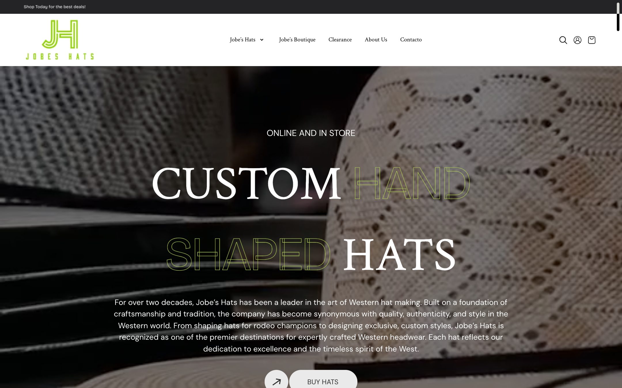 Jobe's Hats homepage built by Devdwell — a full-bleed western hero with outlined lime display type set over hat photography and a Buy hats action