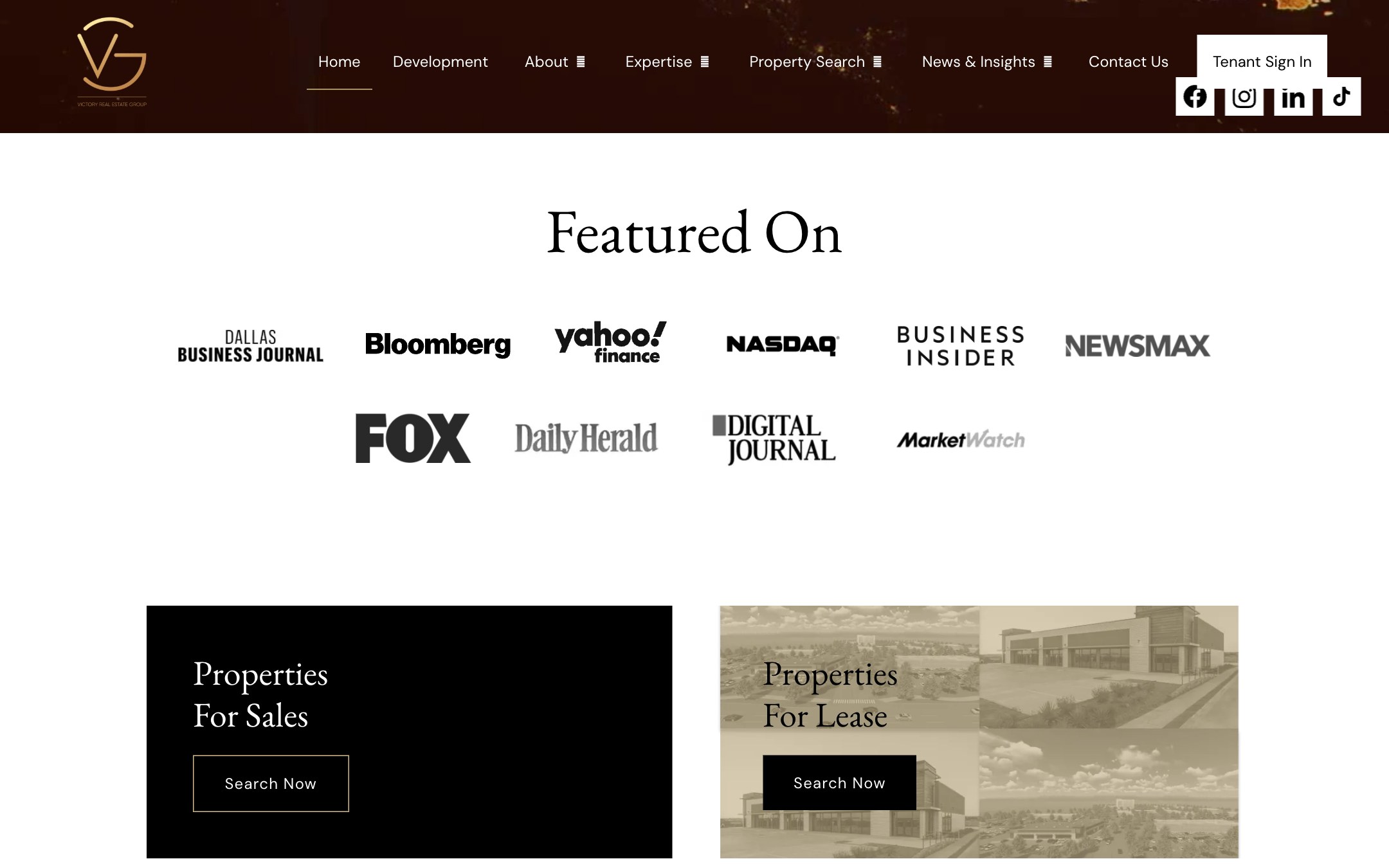 Victory Real Estate Group press and property panels — a Featured On logo row above Properties for sale and Properties for lease search panels